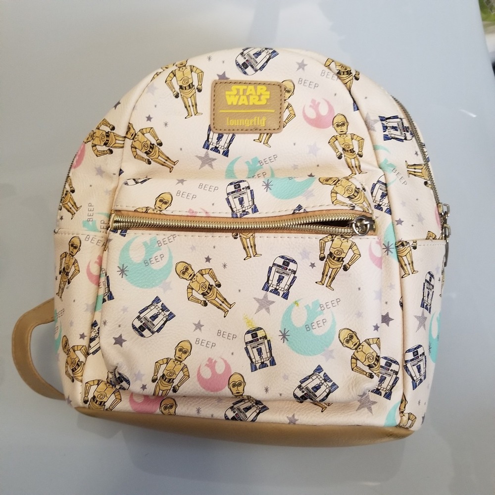 Loungefly Backpack Womens Small Cream Star Wars R2-D2 C-3PO Faux Leather Disney